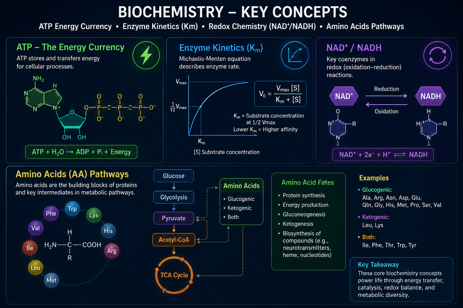 Biochemistry key concepts with ATP energy currency, enzyme kinetics, NAD redox chemistry, and amino acid pathways