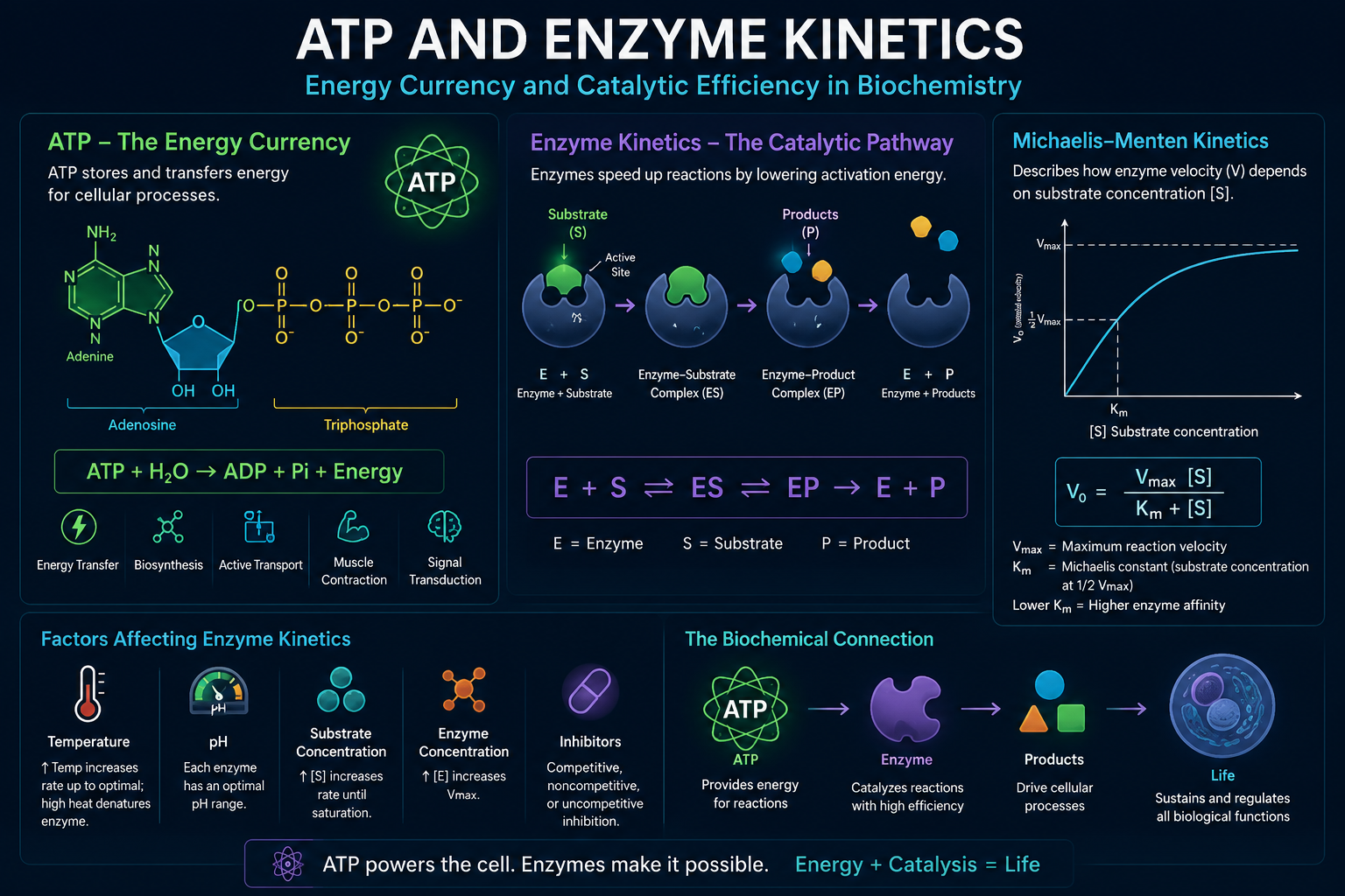 ATP and enzyme kinetics with energy currency, catalytic pathway, Michaelis-Menten kinetics, and biochemical connection concepts