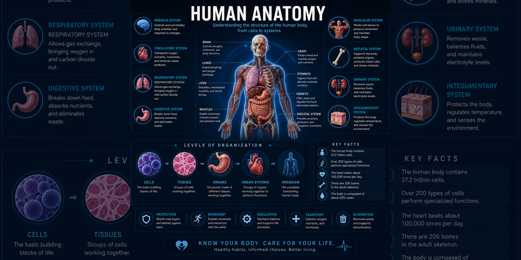 Human Anatomy overview with body systems, organs, levels of biological organization, key facts, and clinical anatomy concepts