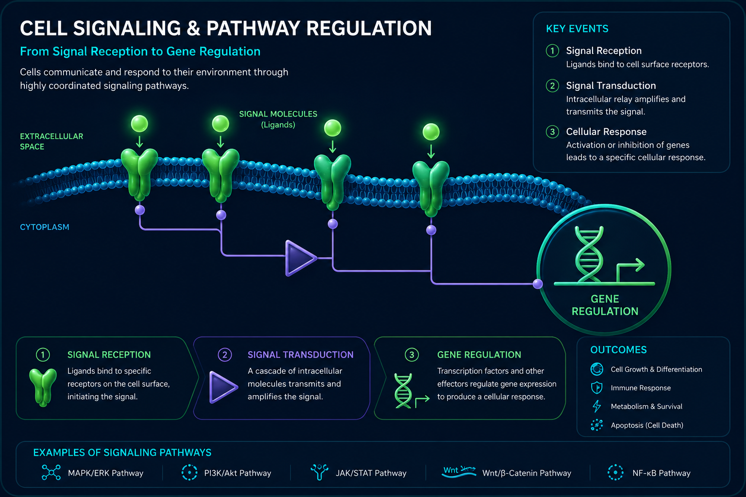 Cell signaling and pathway regulation diagram showing signal reception, signal transduction, gene regulation, outcomes, and signaling pathways